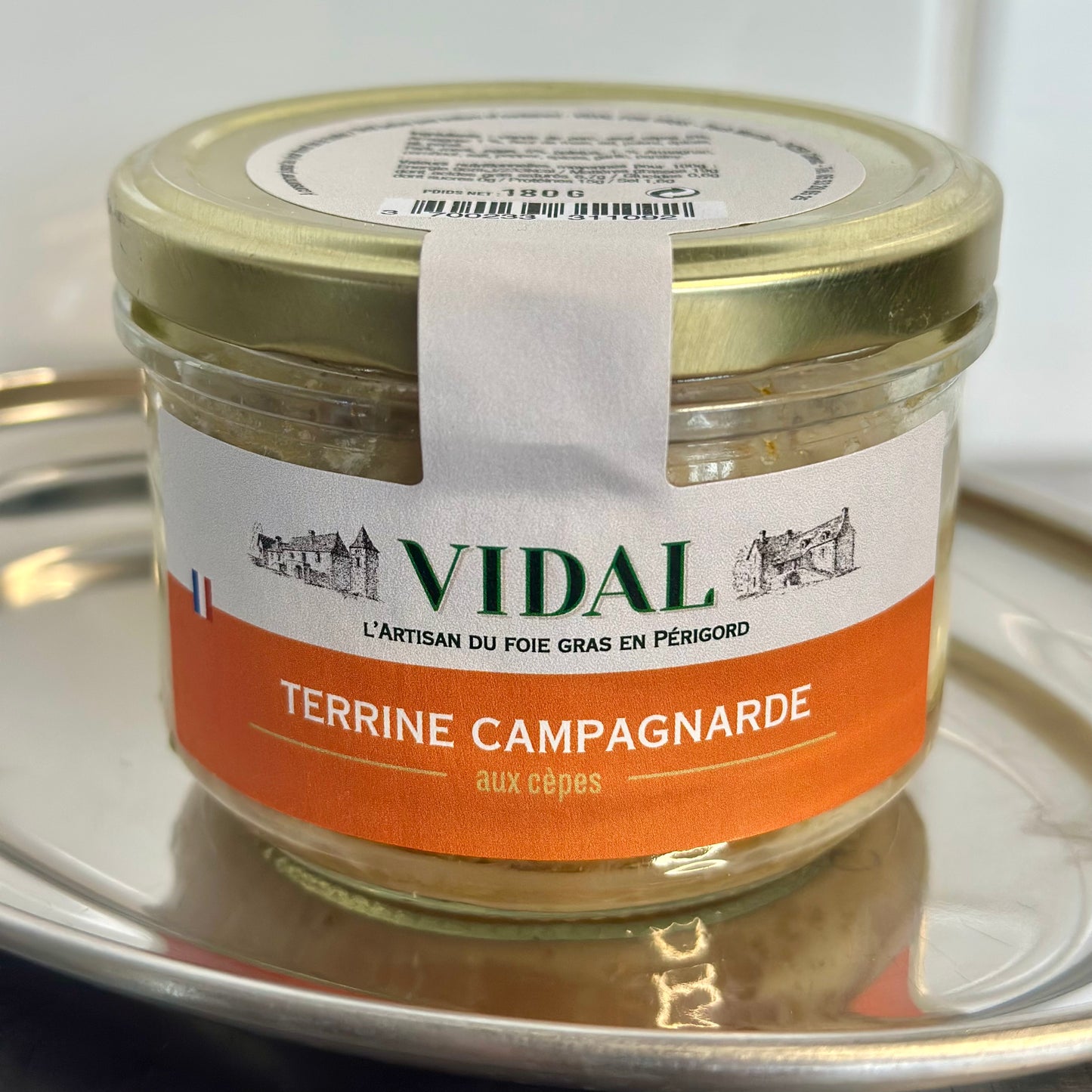 Jar of Vidal Terrine Campagnarde on a reflective surface